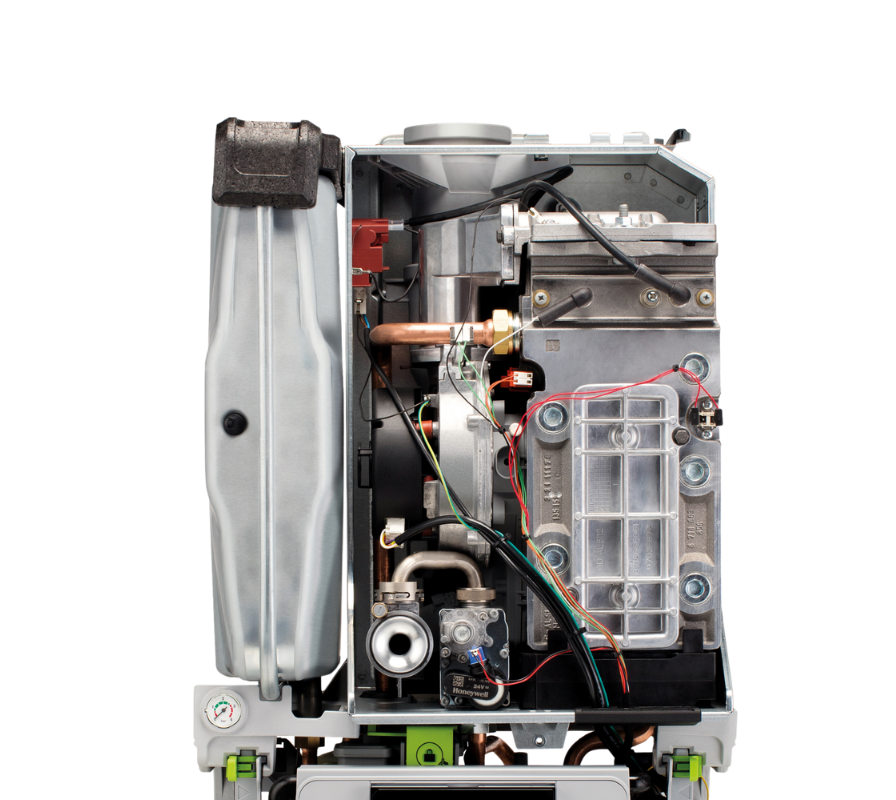 Gas boiler with its case removed, showing the heat exchanger, pump and gas valve