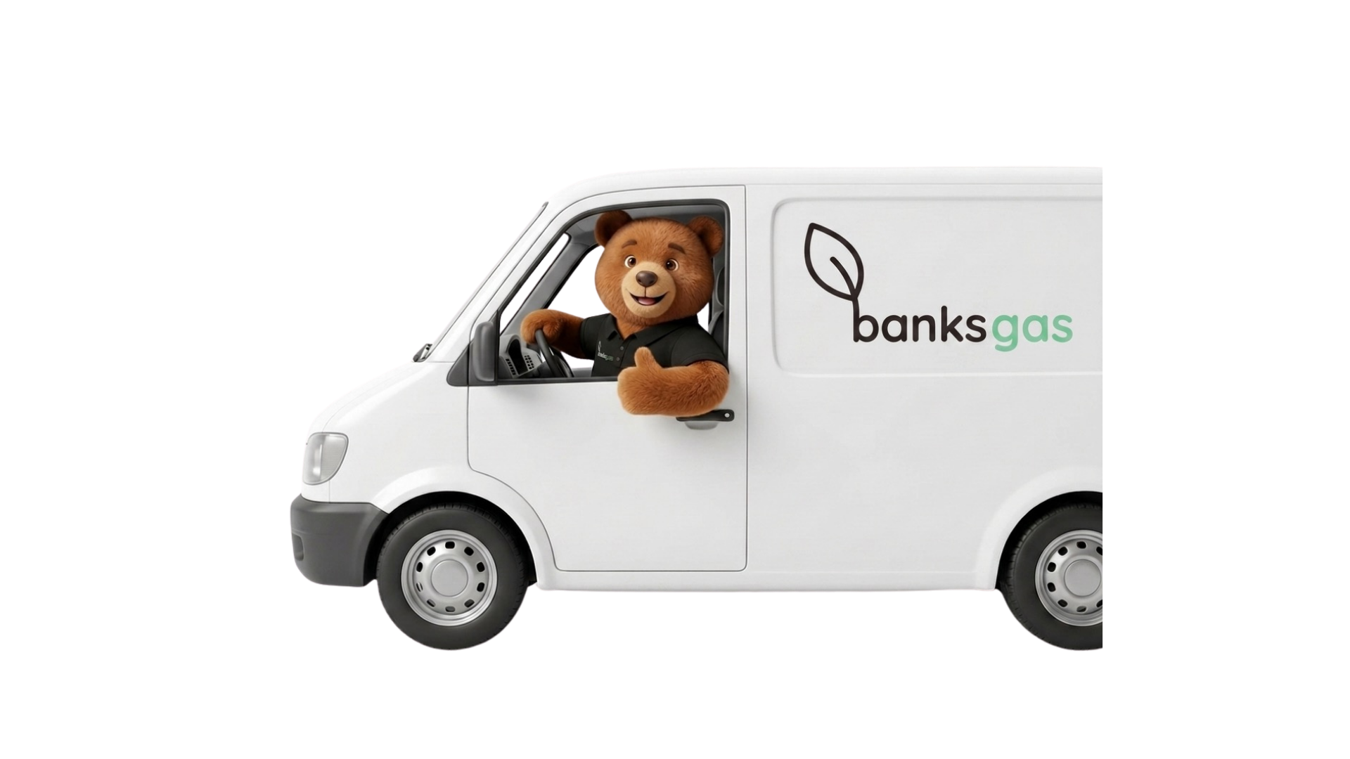 Banks Gas mascot bear driving a Banks Gas van